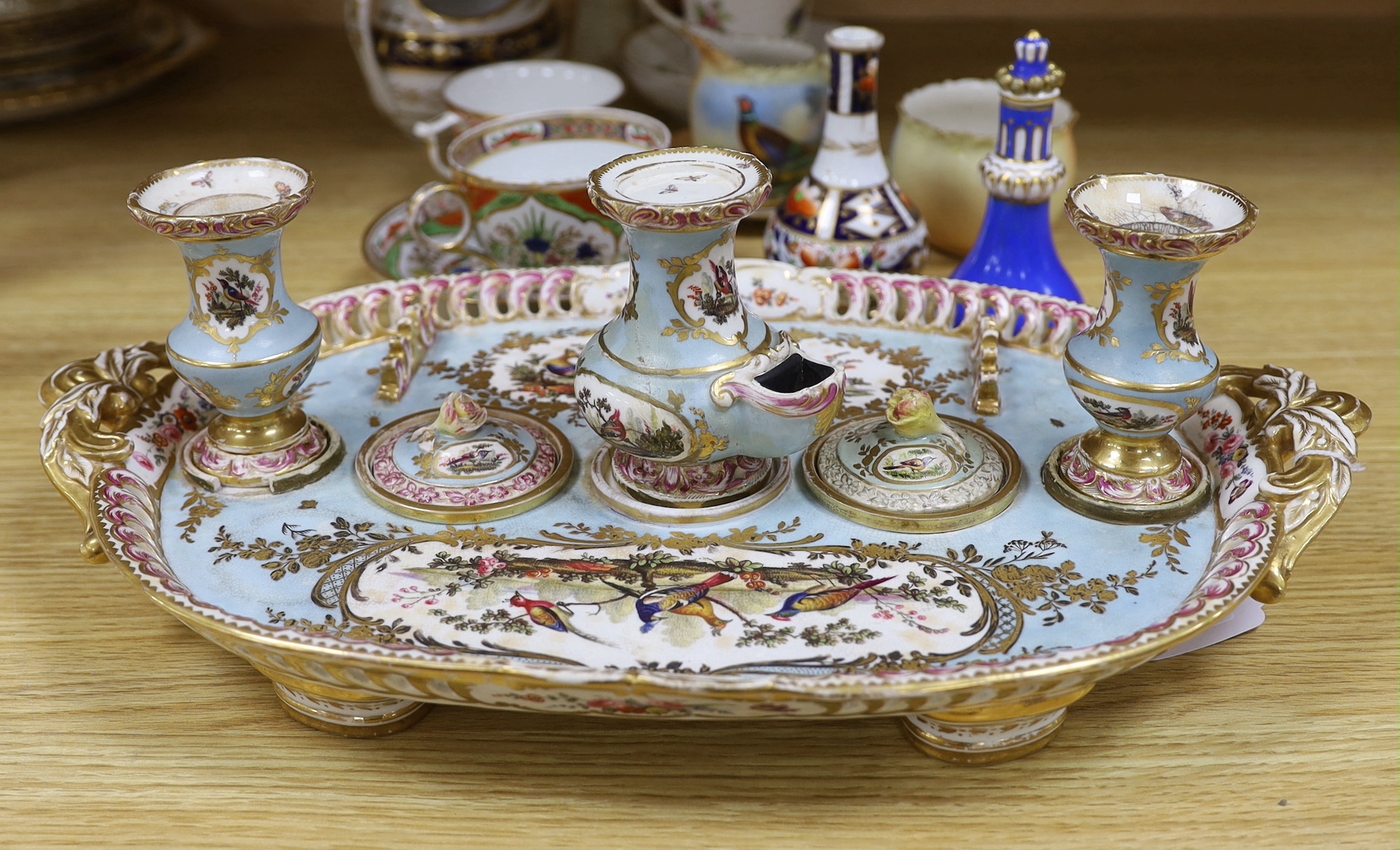 An English porcelain desk stand, c.1825, together with other porcelain including Locke & Co, Worcester saucer, jug and bowl, largest 39cm wide